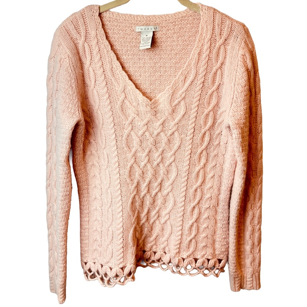 Tweeds Angora & Lambs Wool Soft Pink V-Neck Cable Knit Sweater Knit Lace Edge M